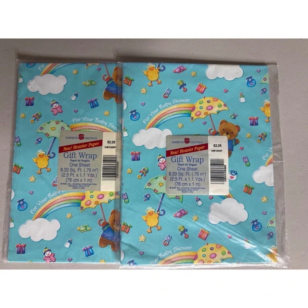 Vintage American Greetings Baby Shower Gift Wrap 2 Sheets Blue Bear Rainbows NEW